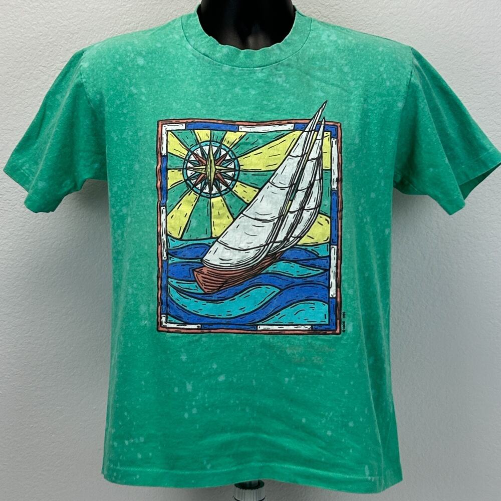 Vintage 90s Sailboat T Shirt S Small Sailing Yachting Nautical Made In USA Green
